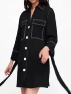 Zara black white stitch shift button down dress size XL